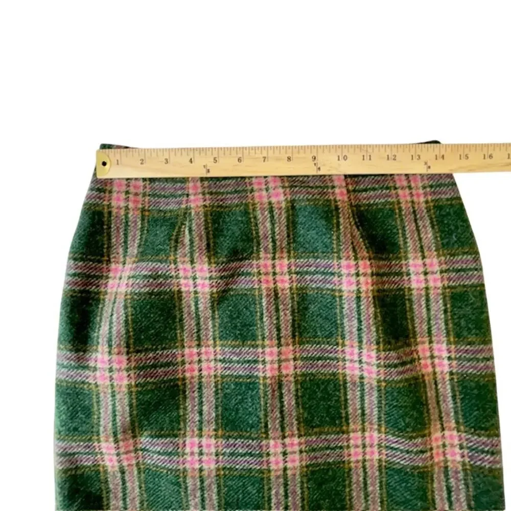 Boden British Tweed Green Pink Plaid Wool Pencil Skirt US 6 Preppy Academia